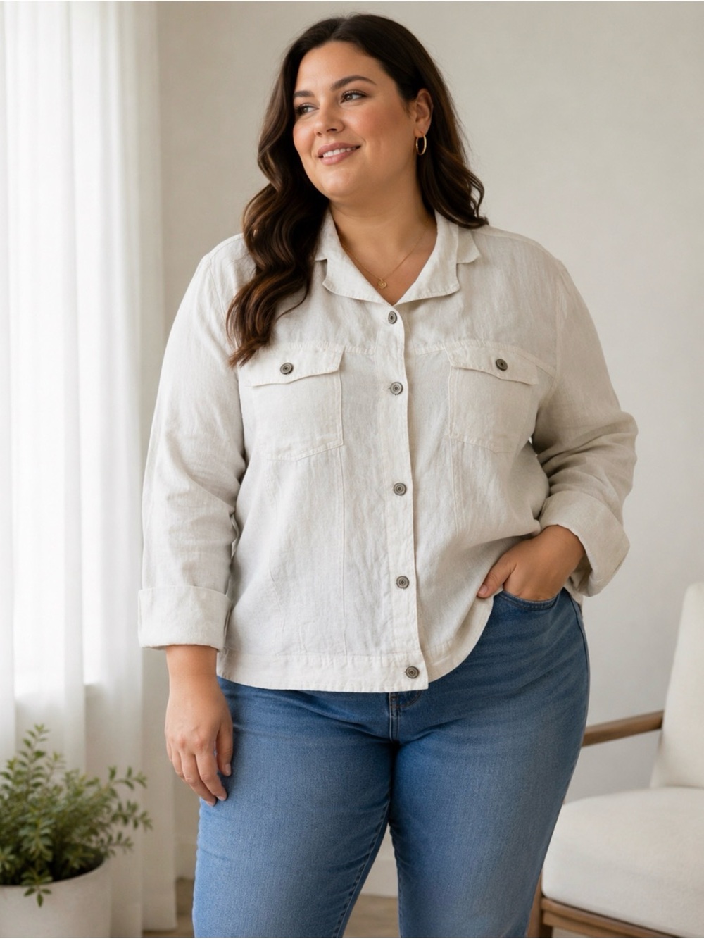 Jones & Co NY 100% Linen White Jacket Button Front Pockets Coastal Women 3X NWT